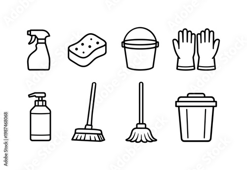 Cleaning and sanitation: spray bottle, sponge, bucket, rubber gloves, disinfectant bottle, broom, mop, trash bin.