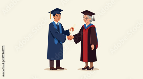 Two people in graduation gowns shaking.