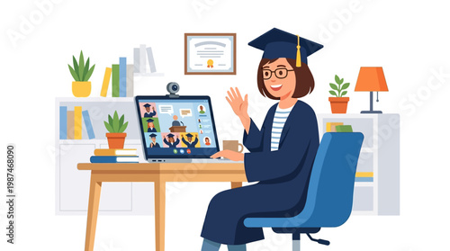 Woman wearing graduation cap and gown.