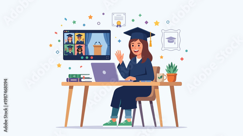 Woman wearing graduation cap sitting.