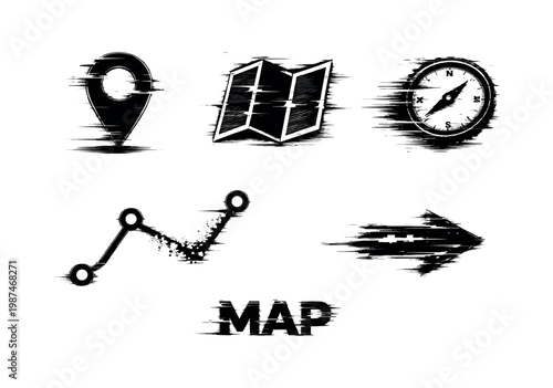 Digital mapping and geolocation theme, a set of 5 glitch-distorted monochrome objects placed on a perfectly clean white background, each object containing its own