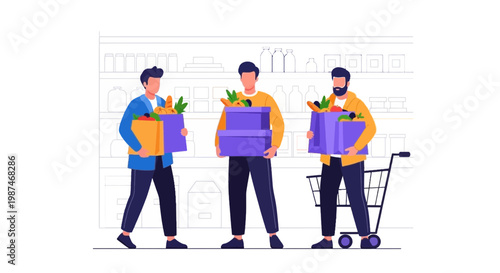Three Men Shopping with Groceries and Shopping Cart in Store