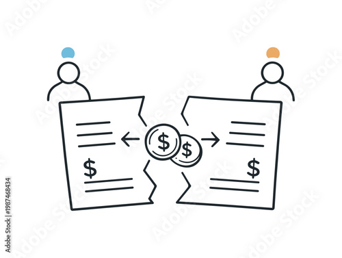 Budget management and expense distribution in group activities, a single bill document divided into two parts with a small currency icon representing split payments and