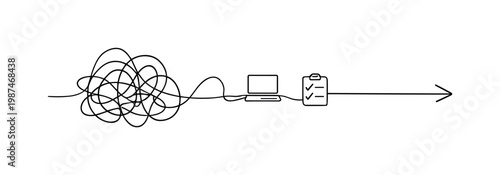 Simplifying a crowded workflow and aligning scattered tasks into one clear direction in a professional environment, a continuous line forming irregular tangled paths that