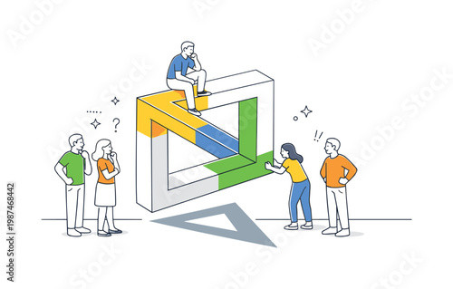 A visual perception concept where shapes create optical effects that challenge how viewers interpret space and depth, illustrated through a clean scene featuring