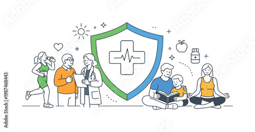 Individuals accessing healthcare services and maintaining wellness through regular medical support and preventive care in everyday life, visualized with a metaphor of a