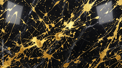 Luxury black marble background with abstract gold paint splatters