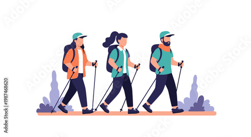 Group of People Hiking with Backpack and Trekking Poles