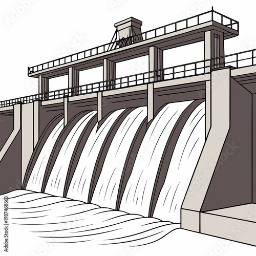 An illustration of a dam with water flowing over it
