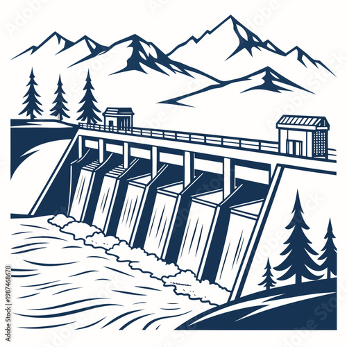 Illustration of a dam with gates releasing water, surrounded by mountains and trees in a scenic landscape