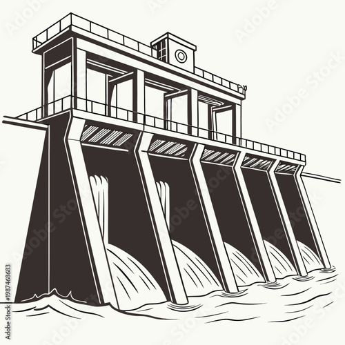 Illustration of a dam with water flowing out of its gates in a black and white style with a beige background