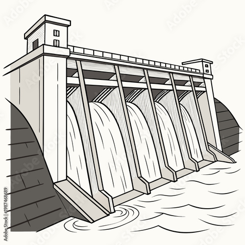 A large dam with water flowing out of it, , illustration of a hydroelectric dam structure