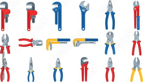 Hand tools and pliers vector set featuring wrenches, cutters, grips and plumbing equipment in colorful flat design illustration