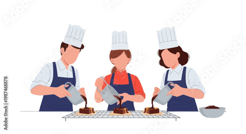Three Chefs Decorating Delicious Cakes in the Kitchen
