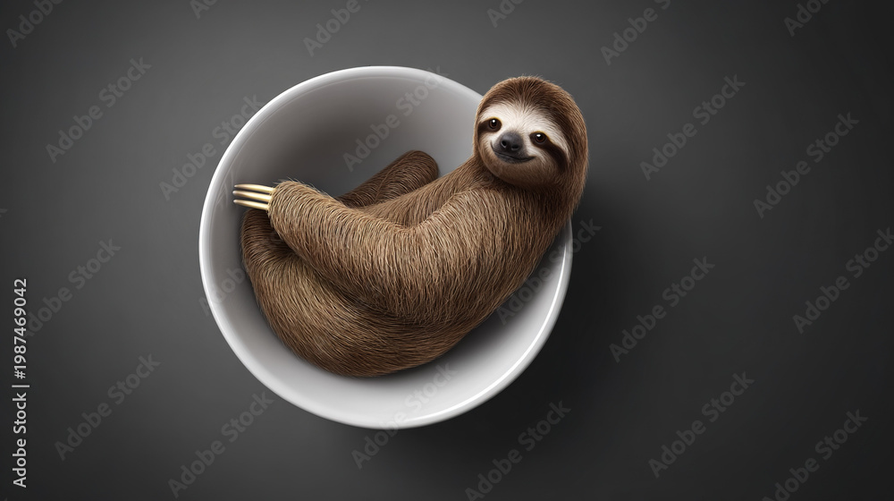 Fototapeta premium Sloth curling up in a white bowl