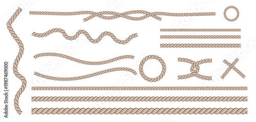 Set of isolated straight ropes and tied cross strings, Intertwined navy 3d cord. Vintage brown looped fiber with knot and noose. Nautical twisted whipcord