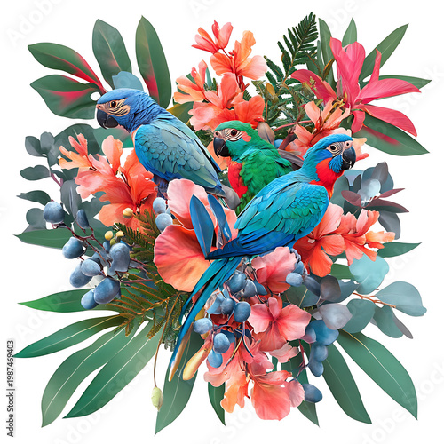 Birds, Floral, Nature, Art, Printable Image with White Background, for Stickers, T-shirt Design, Hat, Mug, Flip-flop, Mousepad