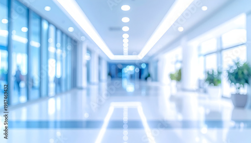 Abstract blurred background of modern bright office hallway or hospital interior.