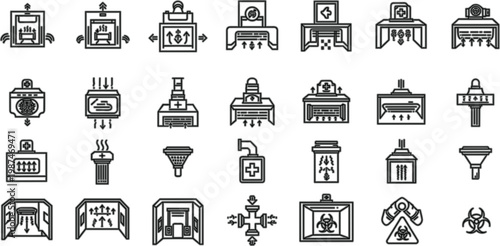 Industrial factory production line icons set featuring manufacturing machines, assembly equipment, processing systems and automation workflow symbols collection
