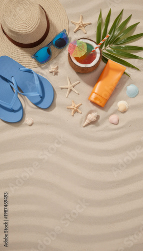 Summer Beach Flat Lay with Flip Flops Hat Sunglasses and Sunscreen Copy Space