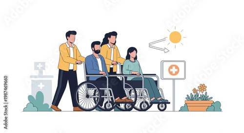 Healthcare Team Assisting Patients in Wheelchairs Outdoors