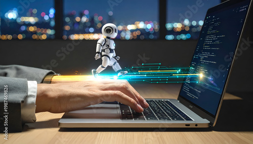 Small robot assistant helping businessman with coding on laptop, AI automation and future office workspace concept.