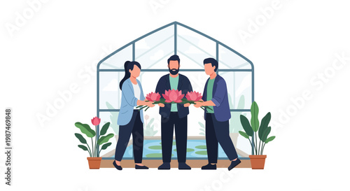 People Celebrating Flower Delivery in Greenhouse Garden Setting