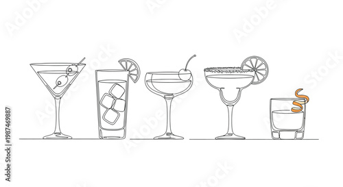 Canvastavla Set of continuous line cocktail glasses with garnish for beverage menu