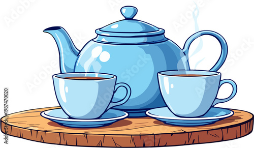 Blue ceramic teapot with cups, traditional tea set with hot drink and cozy home atmosphere illustration
