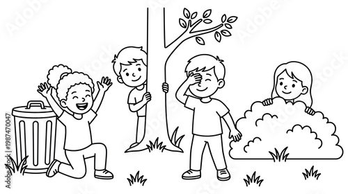 Children playing hide and seek game in outdoor park setting.