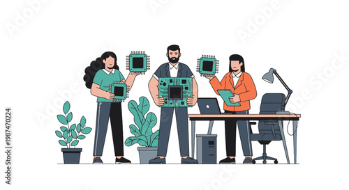 Tech Experts Analyzing Data with Microprocessors and Computers