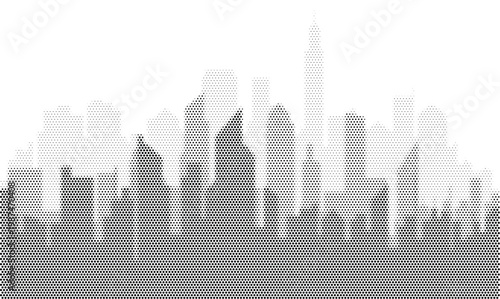 Pixel art city skyline silhouette, digital urban landscape with skyscrapers