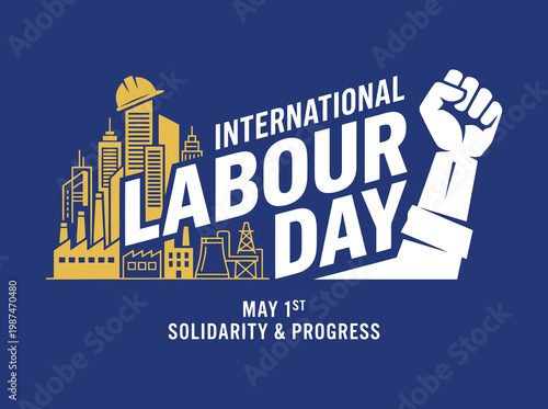 International labour day graphic design with cityscape and raised fist on blue background