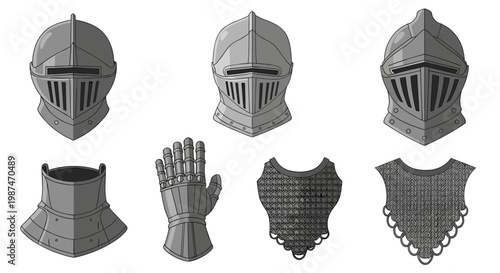 A set of medieval knight armor pieces in a vector graphic illustration