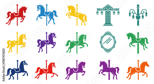 A colorful illustration of carousel horses in various vibrant colors and designs