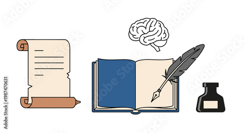 A vector graphic illustration of a brain with a quill pen writing in a book next to a scroll and inkwell