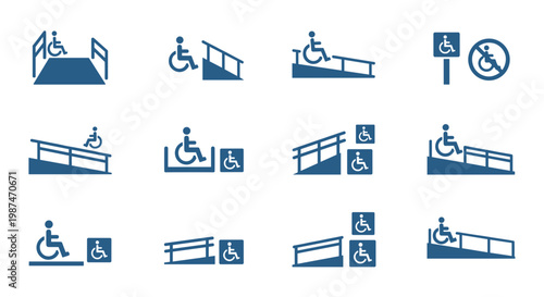 A set of blue vector icons depicting wheelchair accessibility symbols