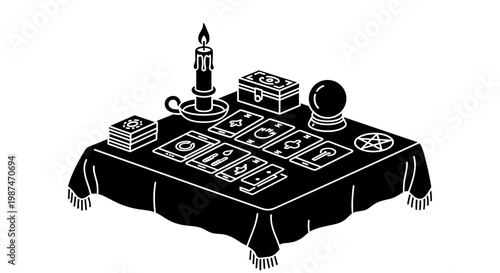 A mystical table setting with tarot cards and crystal ball for divination