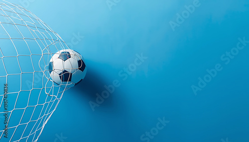 Soccer ball in the net on blue background. 3d illustration