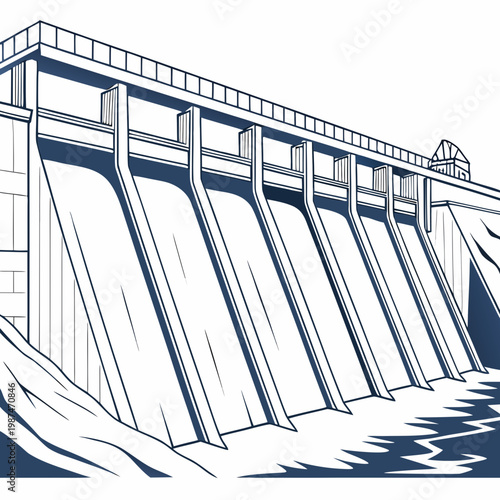 Illustration of a dam with gates releasing water into a river