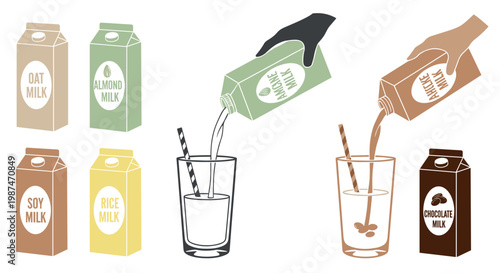 A vector graphic illustration of various milk cartons and glasses