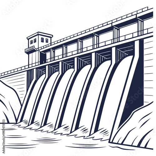 Illustration of a dam with water flowing out, a hydroelectric dam structure with a control tower on top