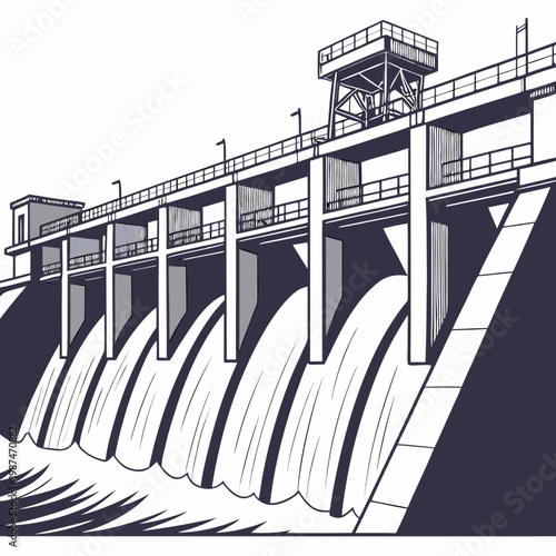 Illustration of a hydroelectric dam with water flowing over it and a control tower on top