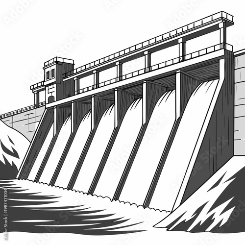 A large dam with water flowing out of it, , hydroelectric dam structure
