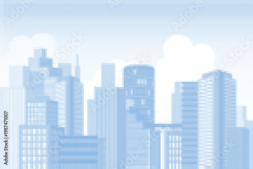 Halftone style cityscape illustration with skyscrapers and urban architecture in black and white