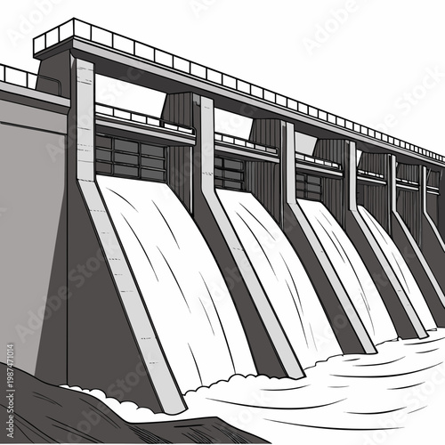 A large dam with multiple gates releasing water, creating a powerful and dynamic scene of hydroelectric power generation