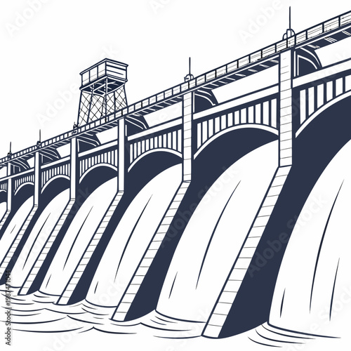 Illustration of a large dam with water flowing out, , showcasing a significant hydroelectric structure