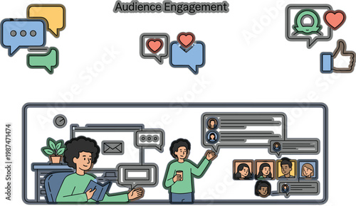 Audience engagement concept with social media interactions comments likes and messaging cartoon vector illustration showing users communicating and building online community