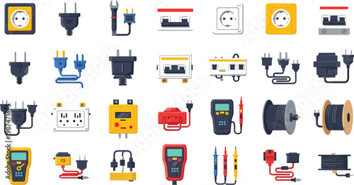 Collection of electrical tools and equipment icons including plugs, sockets, testers, wires, cables and measurement devices for engineering design