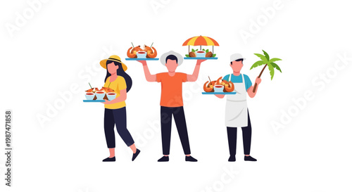 Tourists Enjoying Tropical Beach with Food and Drinks